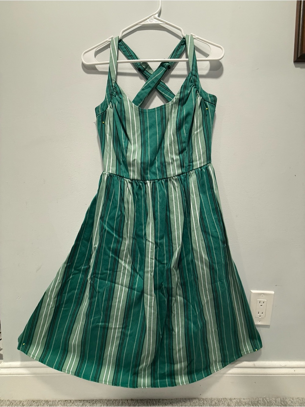 Collectif Green and White Striped Crisscross Midi Dress